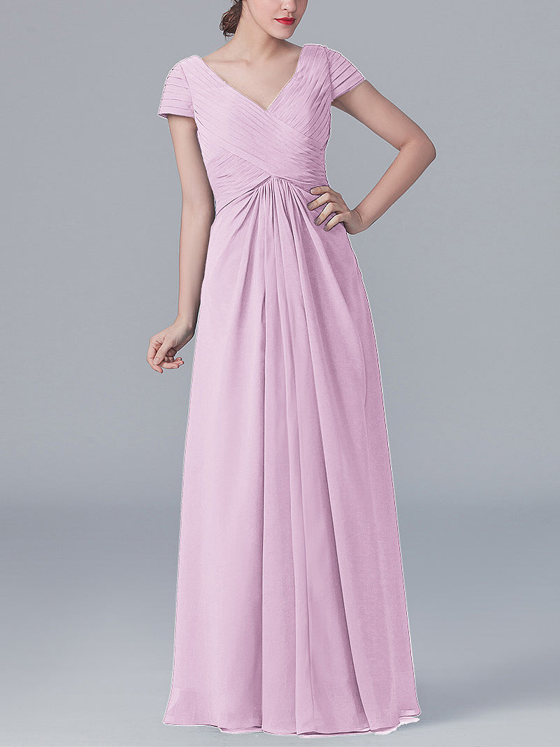 Chiffon Column V-Neck Short Sleeves Bridesmaid Dress-MB0119062