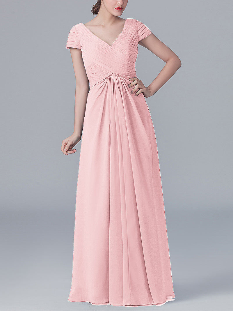 Chiffon Column V-Neck Short Sleeves Bridesmaid Dress-MB0119062