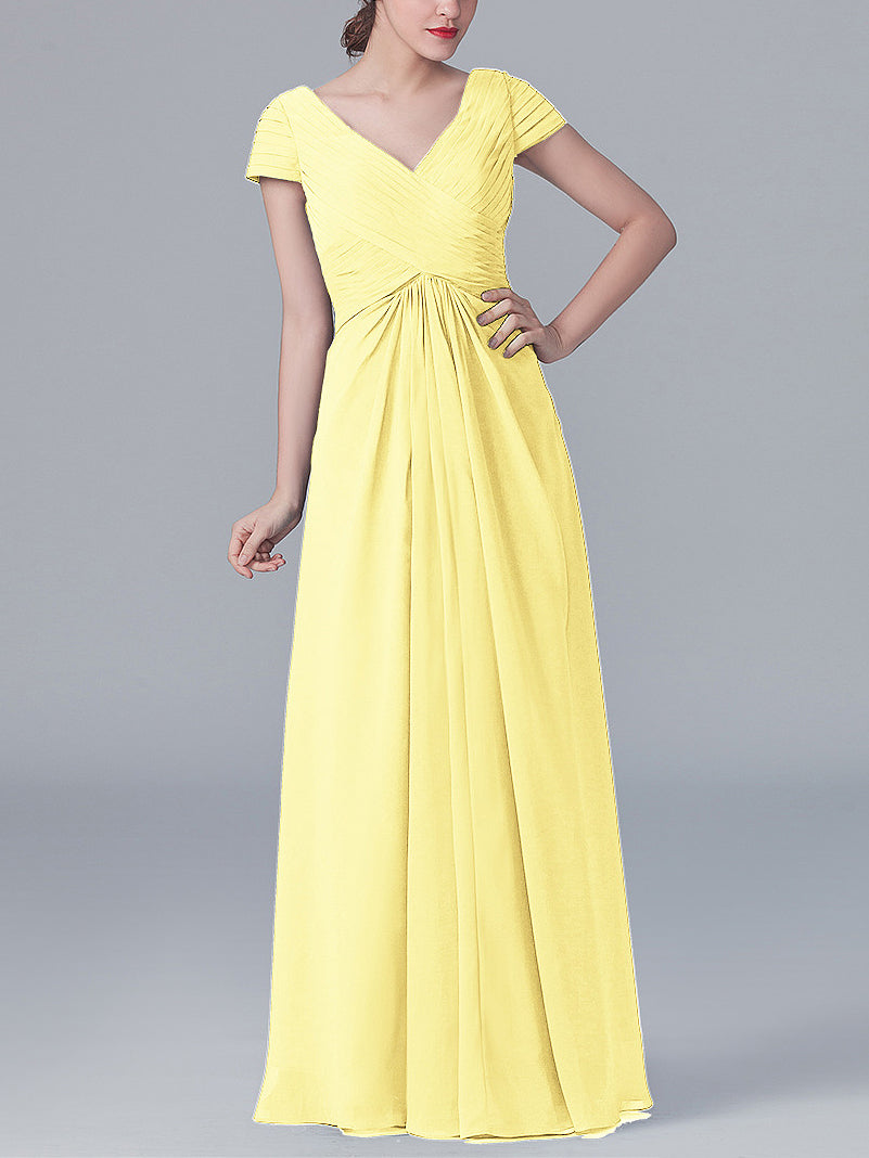 Chiffon Column V-Neck Short Sleeves Bridesmaid Dress-MB0119062