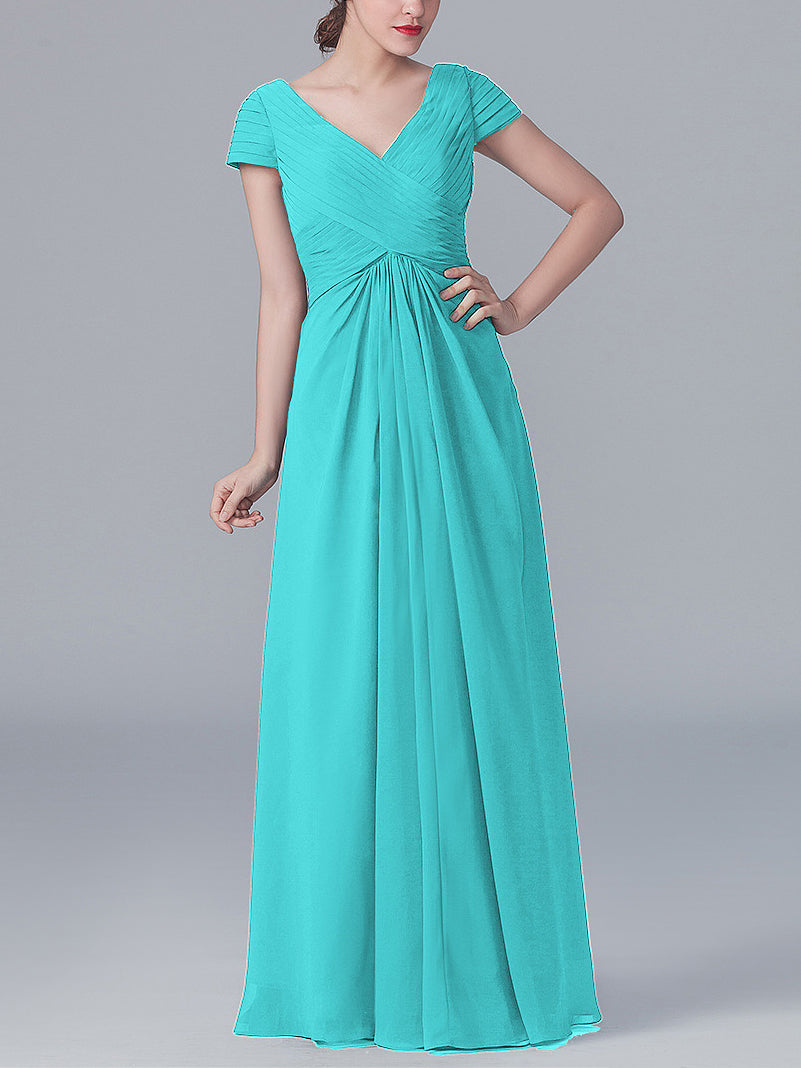 Chiffon Column V-Neck Short Sleeves Bridesmaid Dress-MB0119062