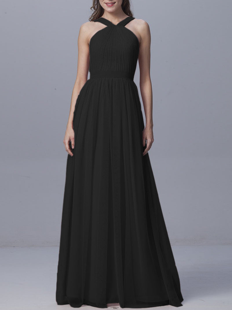 Tulle Column Straps Sleeveless Bridesmaid Dress-MB0917929