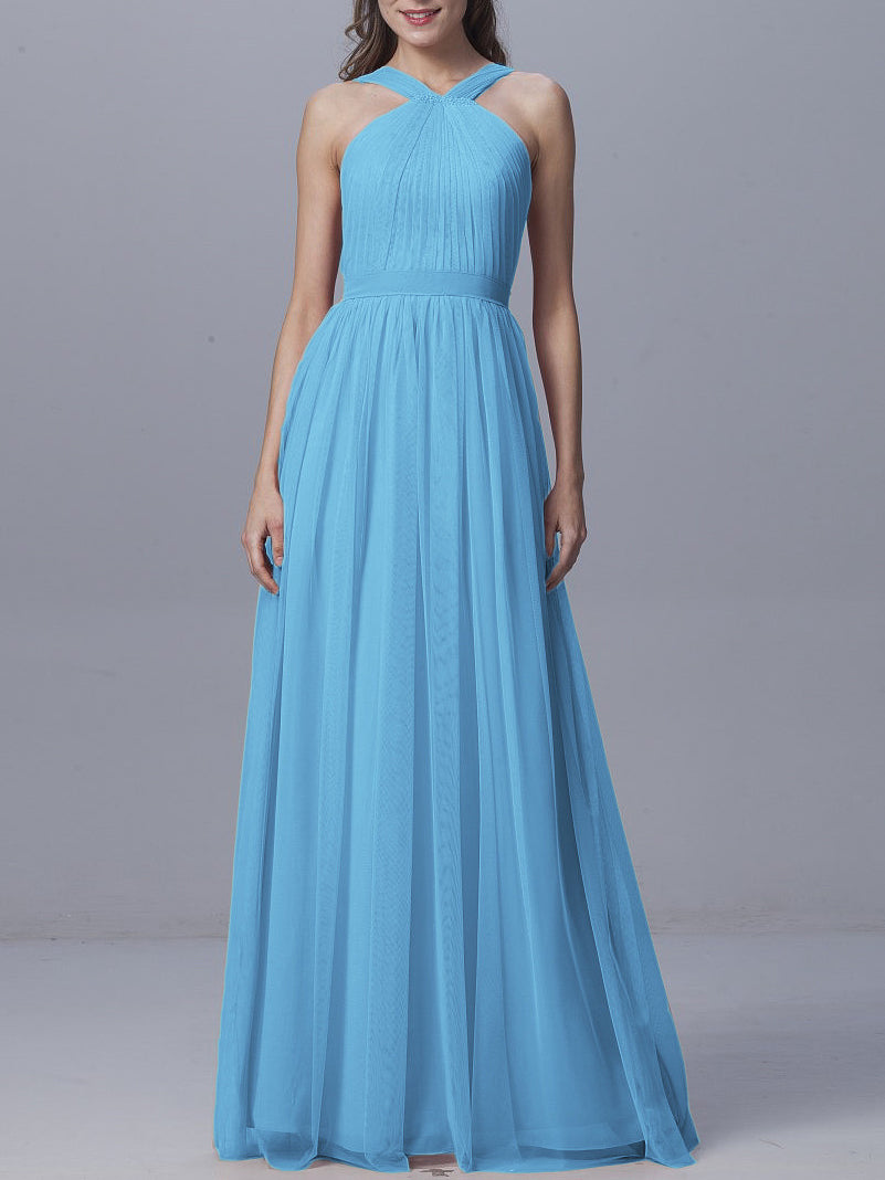 Tulle Column Straps Sleeveless Bridesmaid Dress-MB0917929