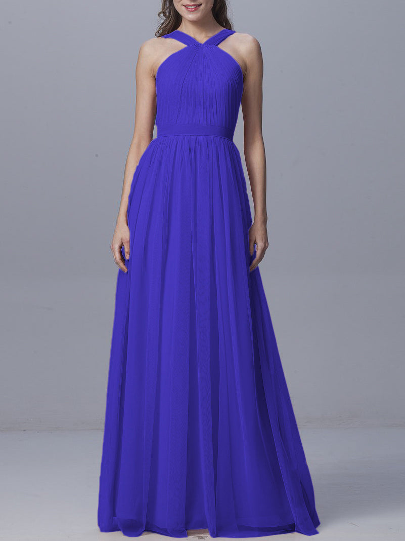 Tulle Column Straps Sleeveless Bridesmaid Dress-MB0917929