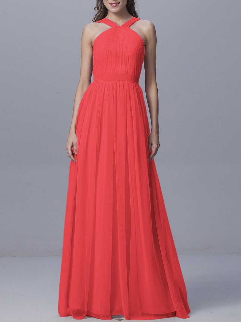 Tulle Column Straps Sleeveless Bridesmaid Dress-MB0917929