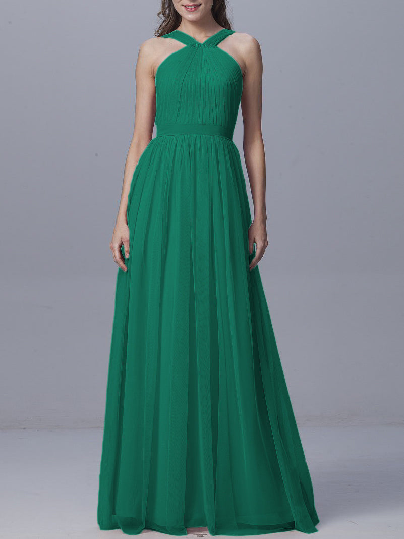 Tulle Column Straps Sleeveless Bridesmaid Dress-MB0917929