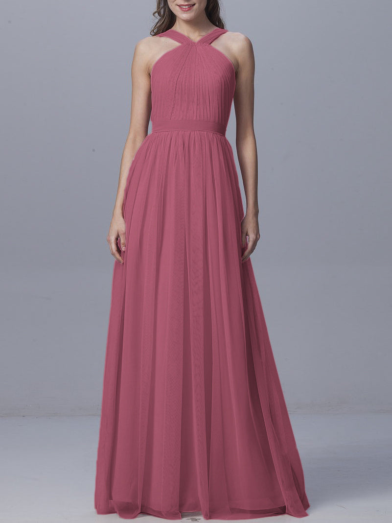 Tulle Column Straps Sleeveless Bridesmaid Dress-MB0917929