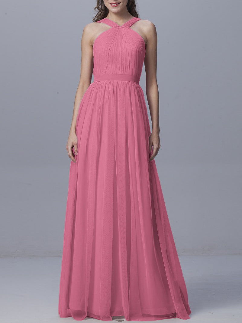 Tulle Column Straps Sleeveless Bridesmaid Dress-MB0917929