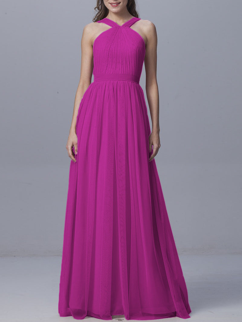 Tulle Column Straps Sleeveless Bridesmaid Dress-MB0917929