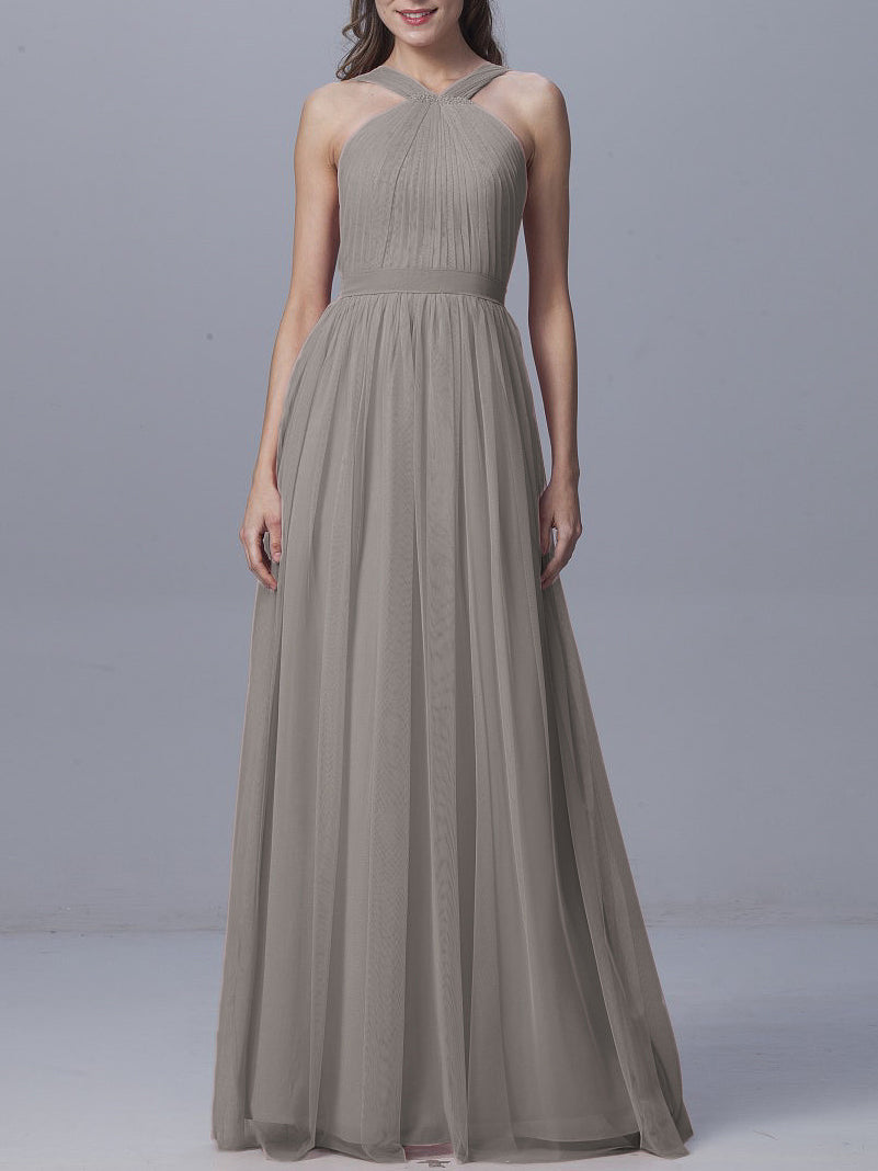 Tulle Column Straps Sleeveless Bridesmaid Dress-MB0917929