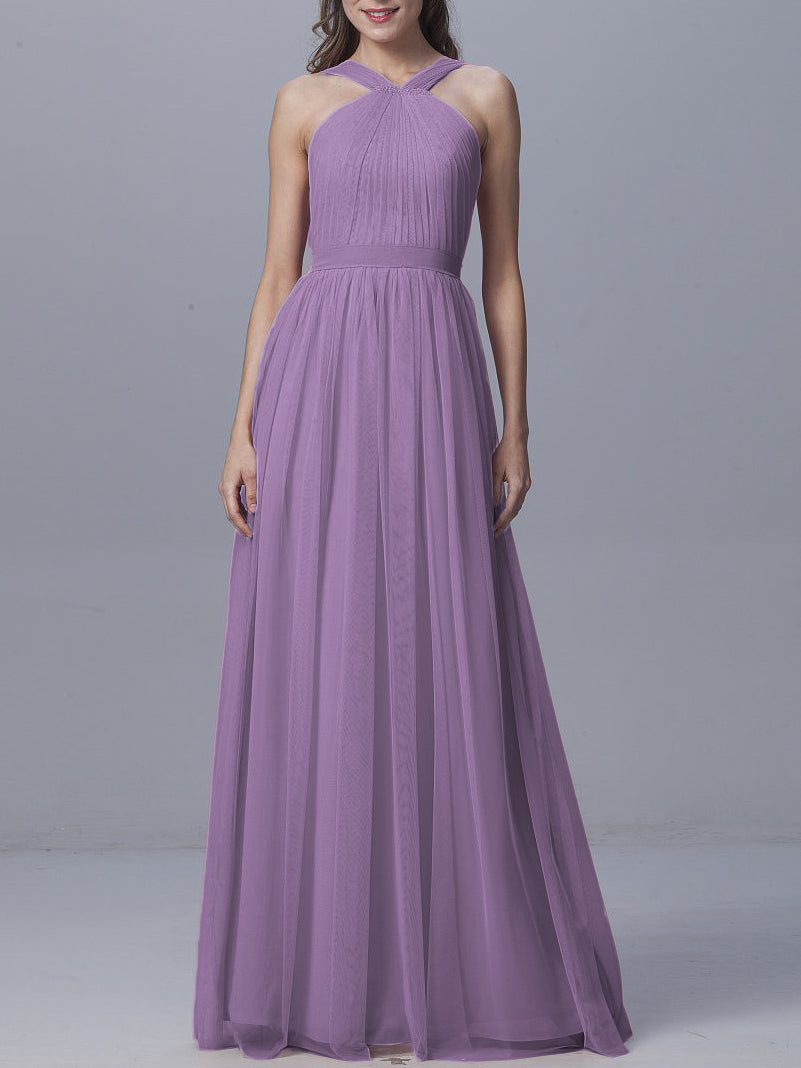 Tulle Column Straps Sleeveless Bridesmaid Dress-MB0917929