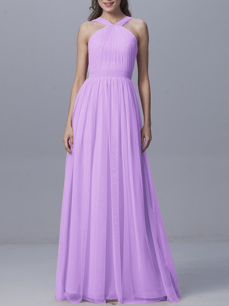 Tulle Column Straps Sleeveless Bridesmaid Dress-MB0917929