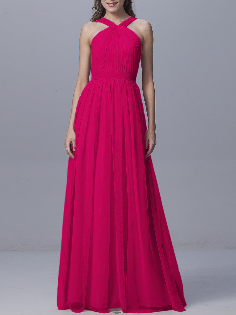 Tulle Column Straps Sleeveless Bridesmaid Dress-MB0917929