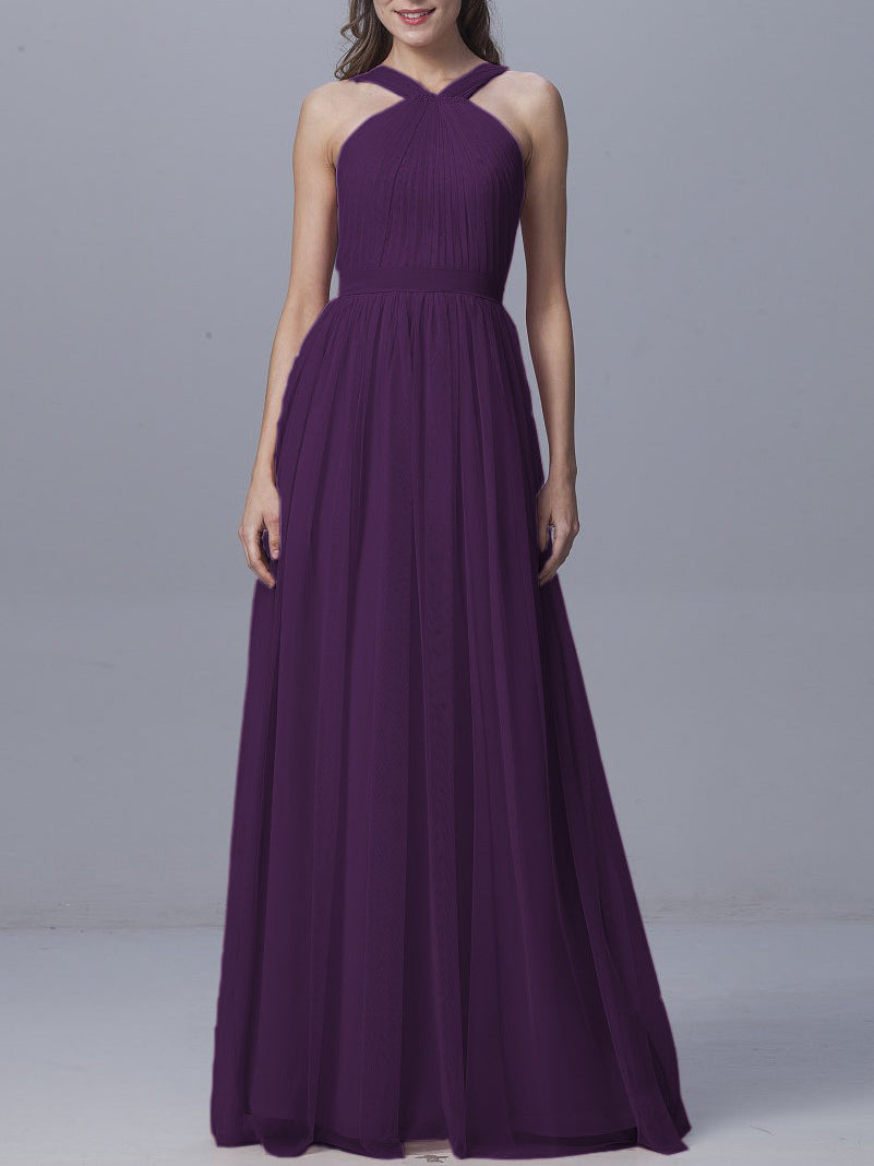 Tulle Column Straps Sleeveless Bridesmaid Dress-MB0917929