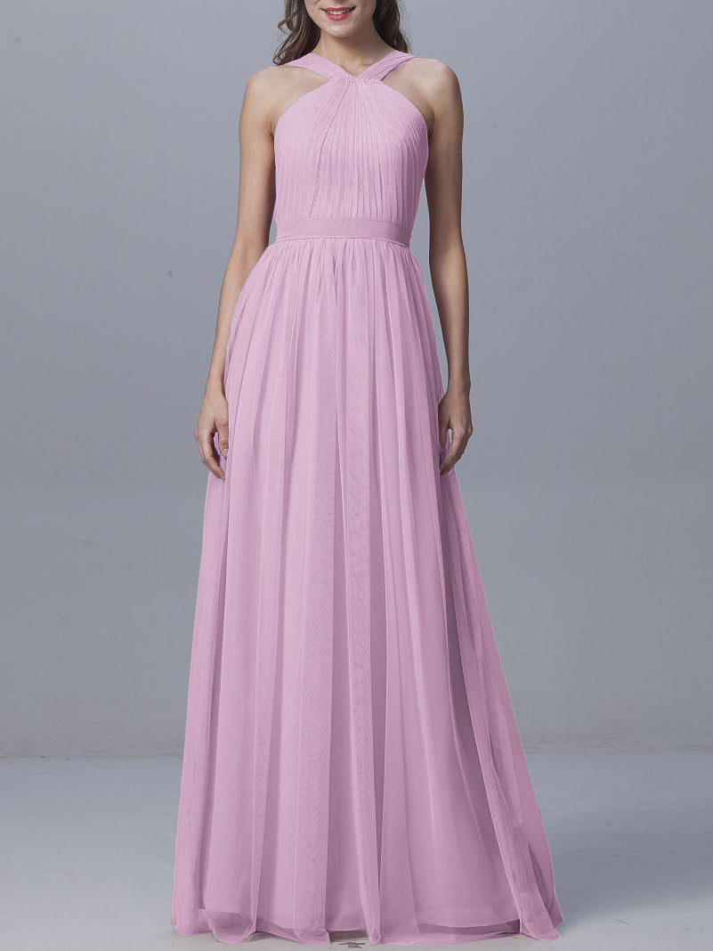 Tulle Column Straps Sleeveless Bridesmaid Dress-MB0917929