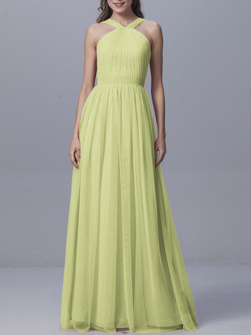 Tulle Column Straps Sleeveless Bridesmaid Dress-MB0917929