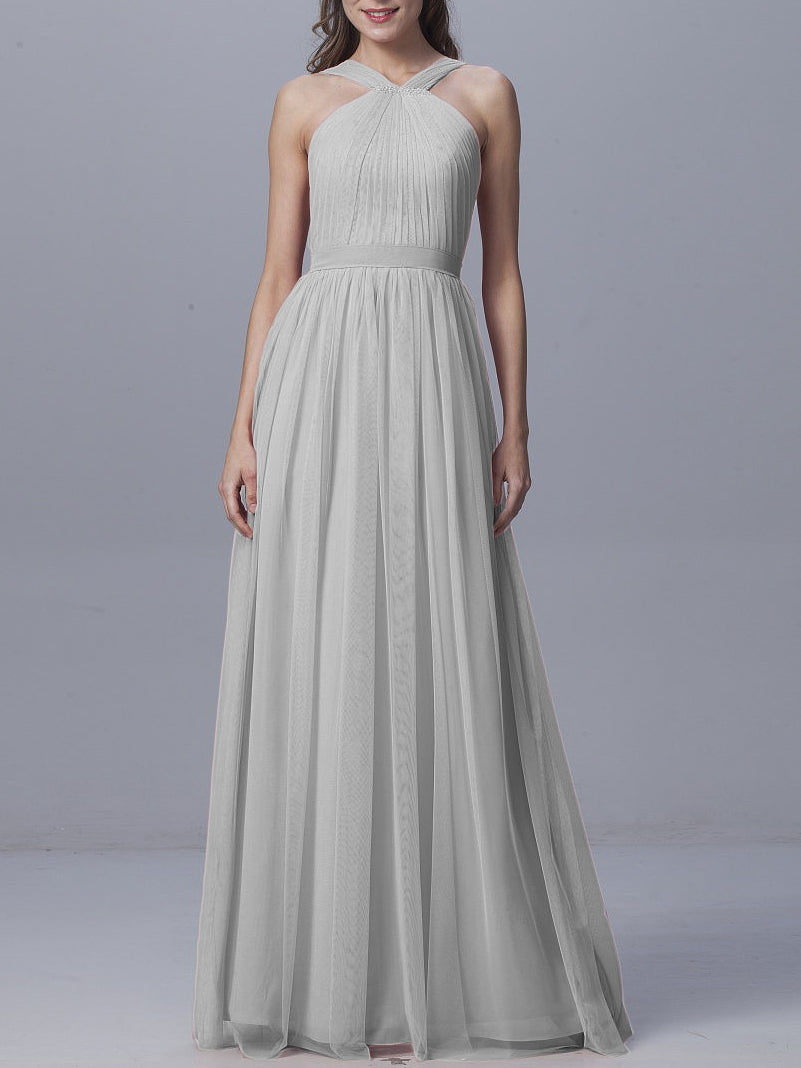 Tulle Column Straps Sleeveless Bridesmaid Dress-MB0917929