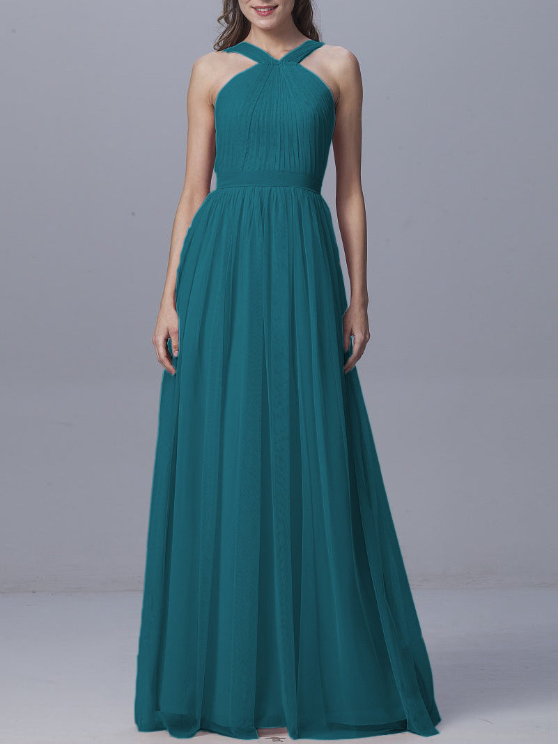 Tulle Column Straps Sleeveless Bridesmaid Dress-MB0917929