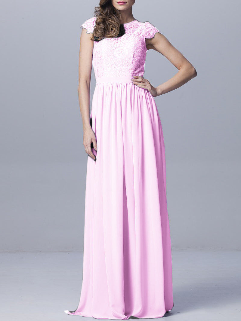 Lace Column Scoop Neck Sheer Sleeves Bridesmaid Dress-MB0918170