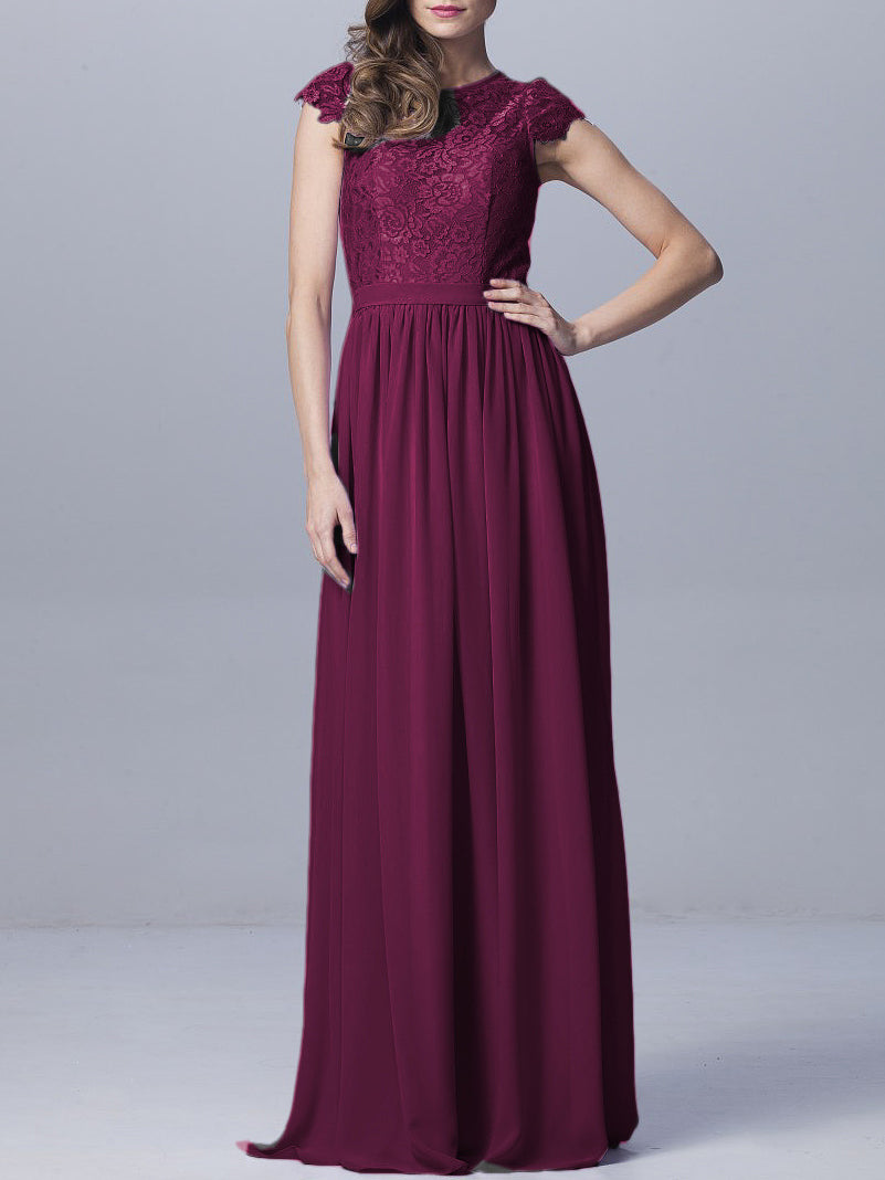 Lace Column Scoop Neck Sheer Sleeves Bridesmaid Dress-MB0918170