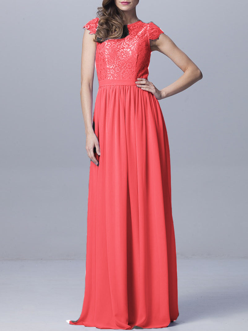 Lace Column Scoop Neck Sheer Sleeves Bridesmaid Dress-MB0918170