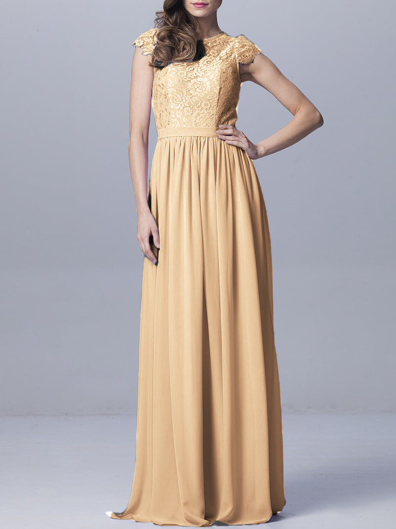 Lace Column Scoop Neck Sheer Sleeves Bridesmaid Dress-MB0918170