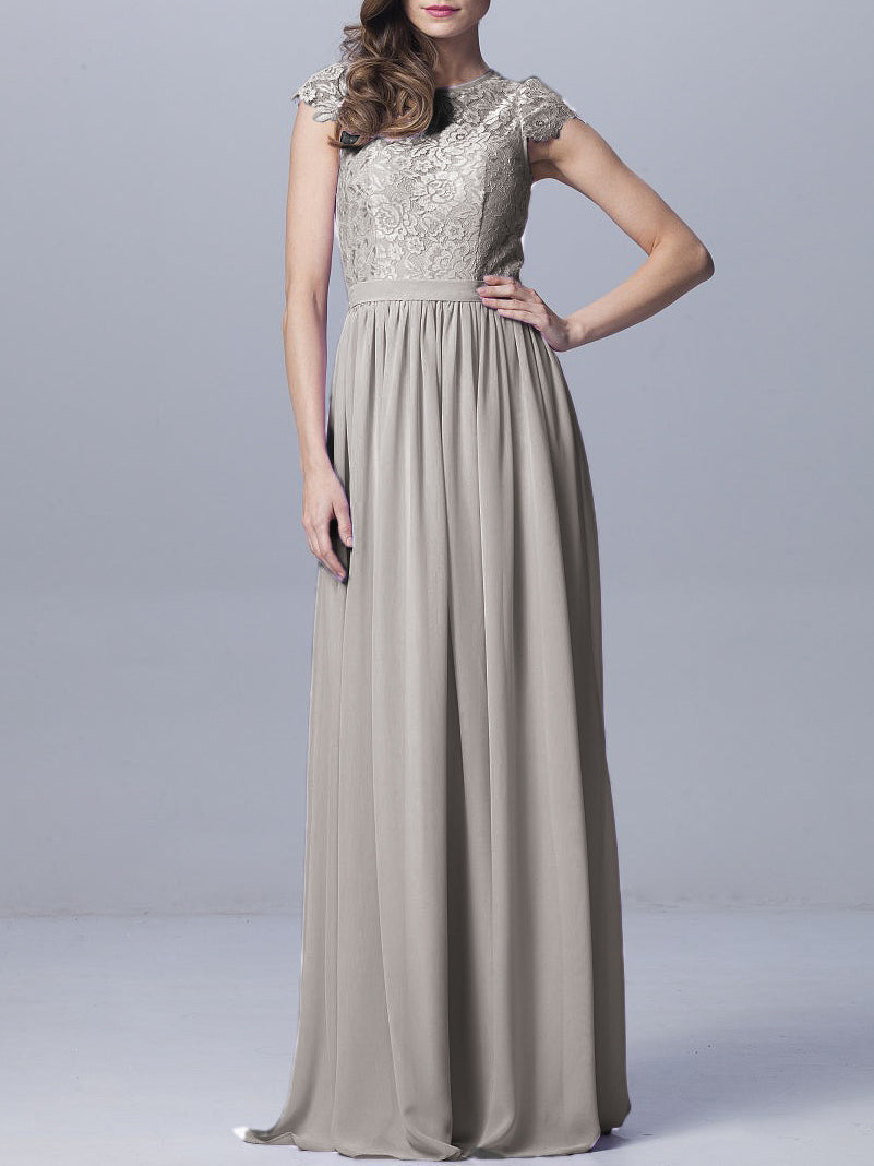 Lace Column Scoop Neck Sheer Sleeves Bridesmaid Dress-MB0918170