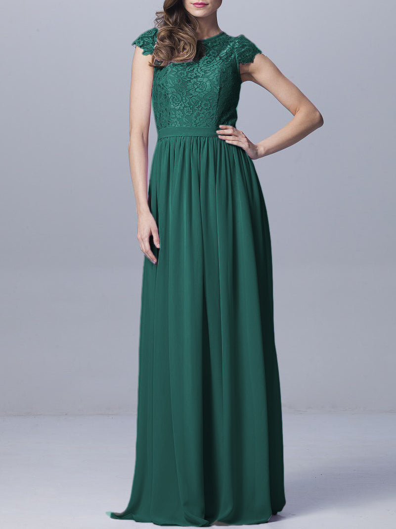 Lace Column Scoop Neck Sheer Sleeves Bridesmaid Dress-MB0918170