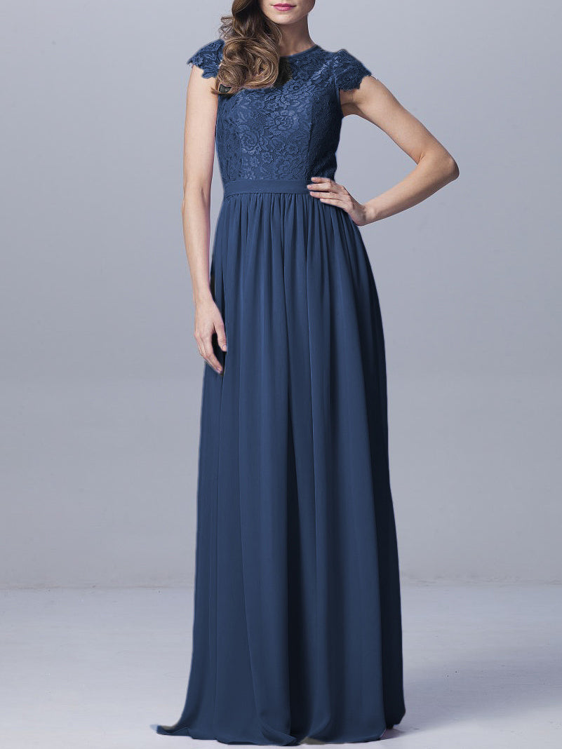 Lace Column Scoop Neck Sheer Sleeves Bridesmaid Dress-MB0918170