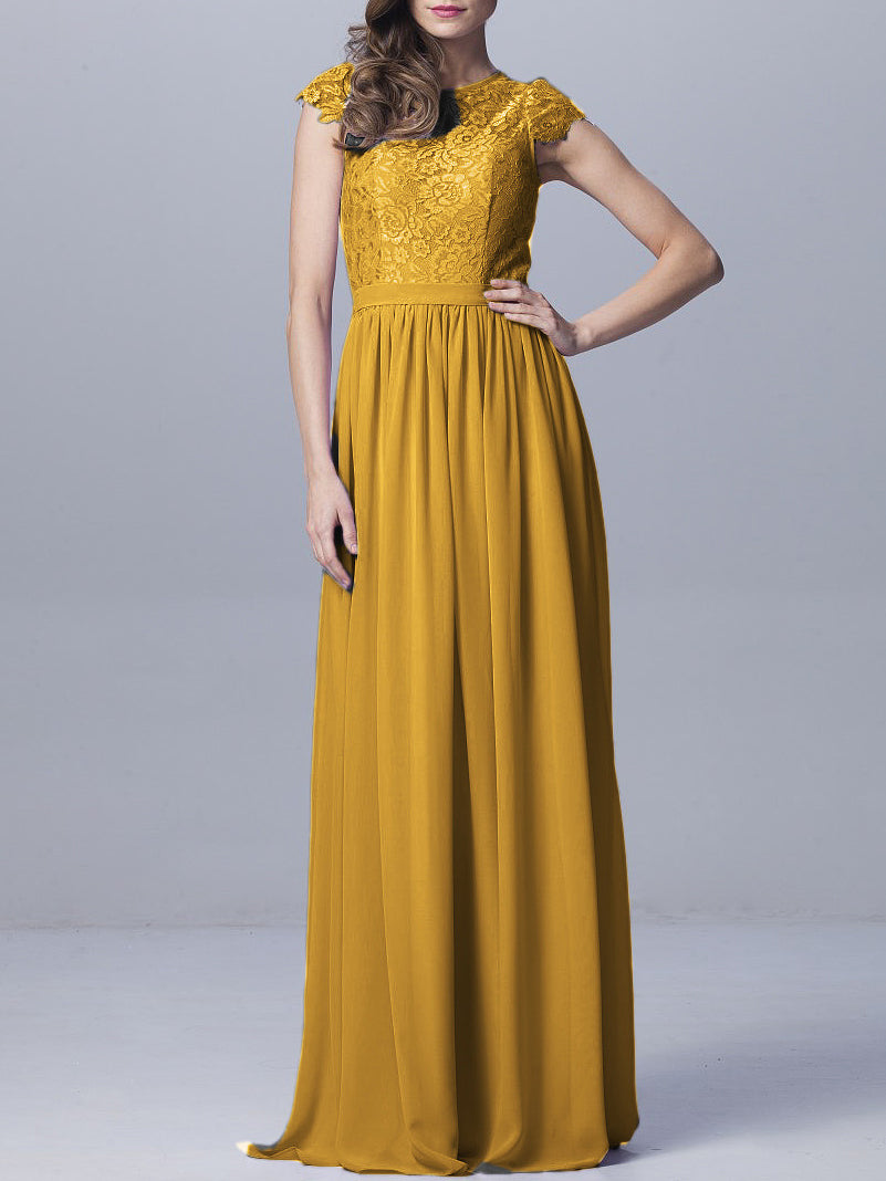 Lace Column Scoop Neck Sheer Sleeves Bridesmaid Dress-MB0918170