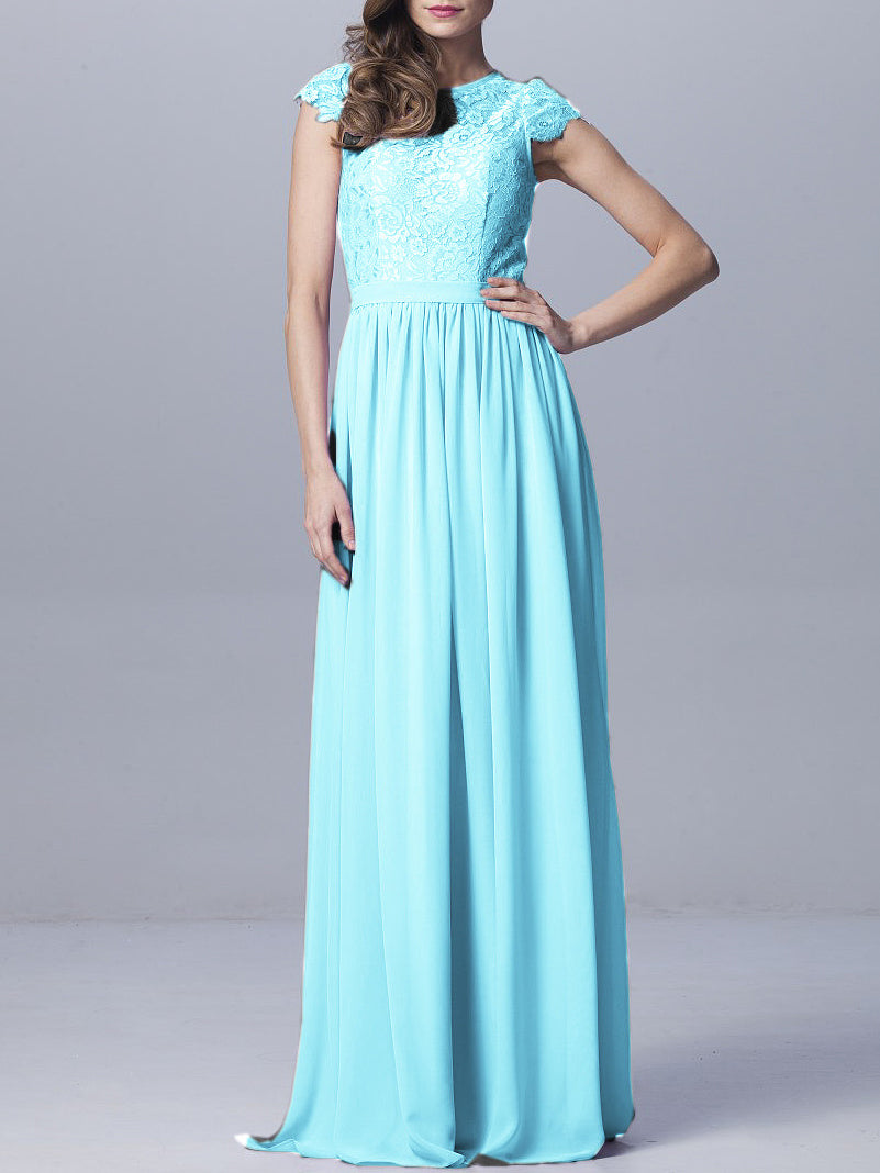 Lace Column Scoop Neck Sheer Sleeves Bridesmaid Dress-MB0918170