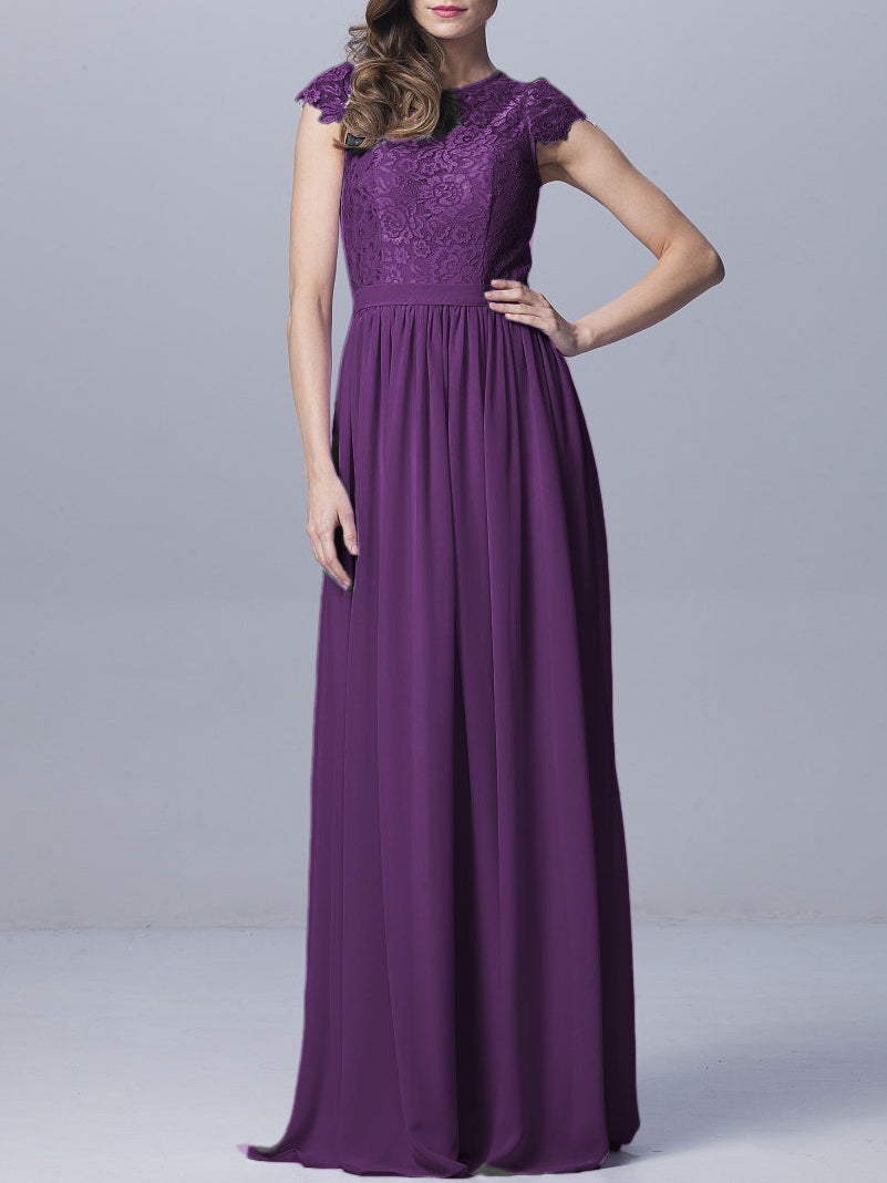 Lace Column Scoop Neck Sheer Sleeves Bridesmaid Dress-MB0918170