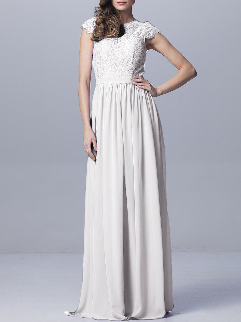 Lace Column Scoop Neck Sheer Sleeves Bridesmaid Dress-MB0918170