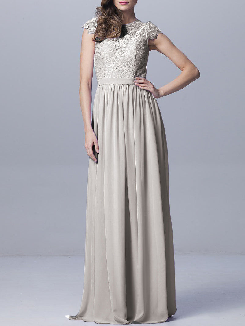 Lace Column Scoop Neck Sheer Sleeves Bridesmaid Dress-MB0918170