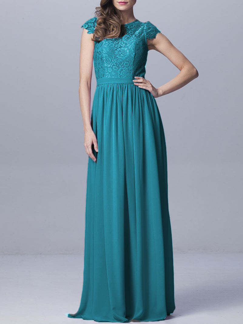 Lace Column Scoop Neck Sheer Sleeves Bridesmaid Dress-MB0918170