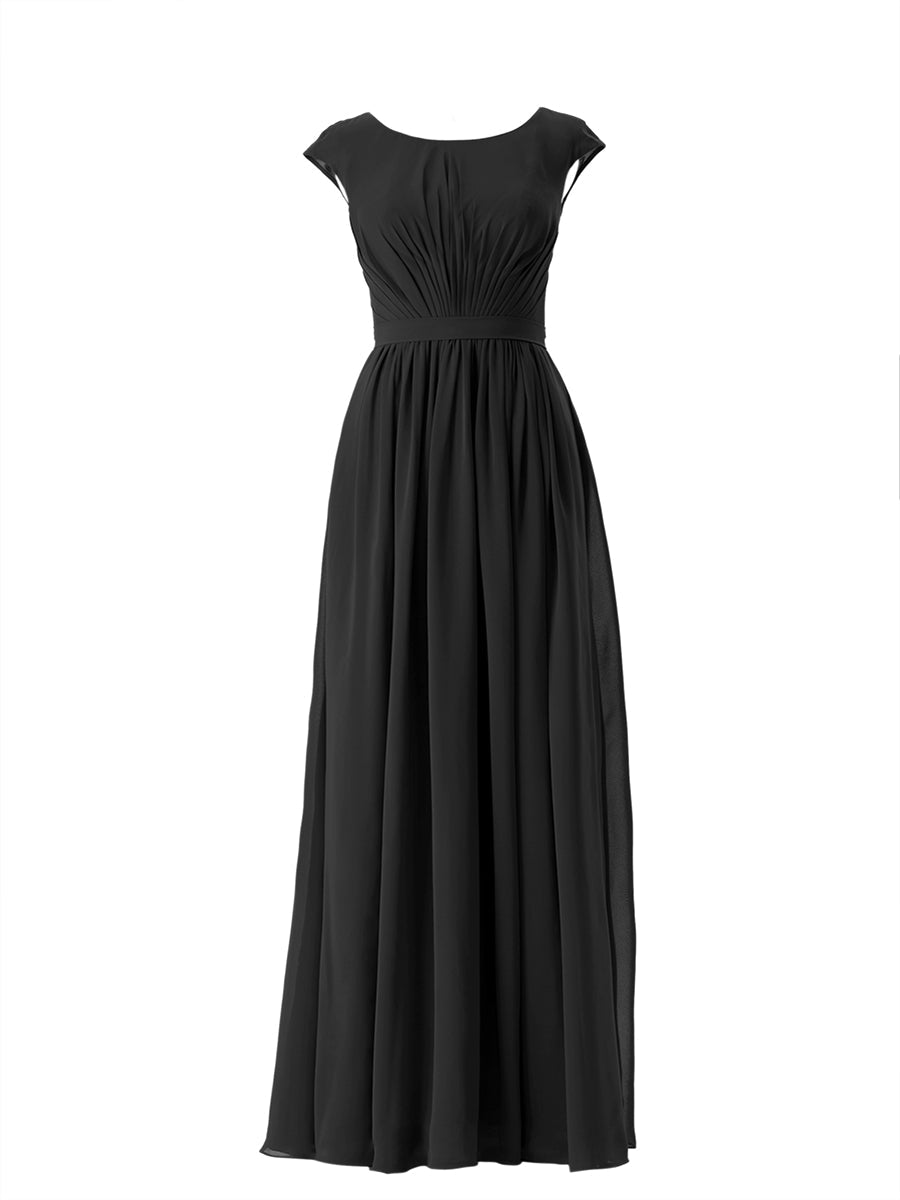 Chiffon Column Scoop Neck Cap Sleeves Bridesmaid Dress-MB13652