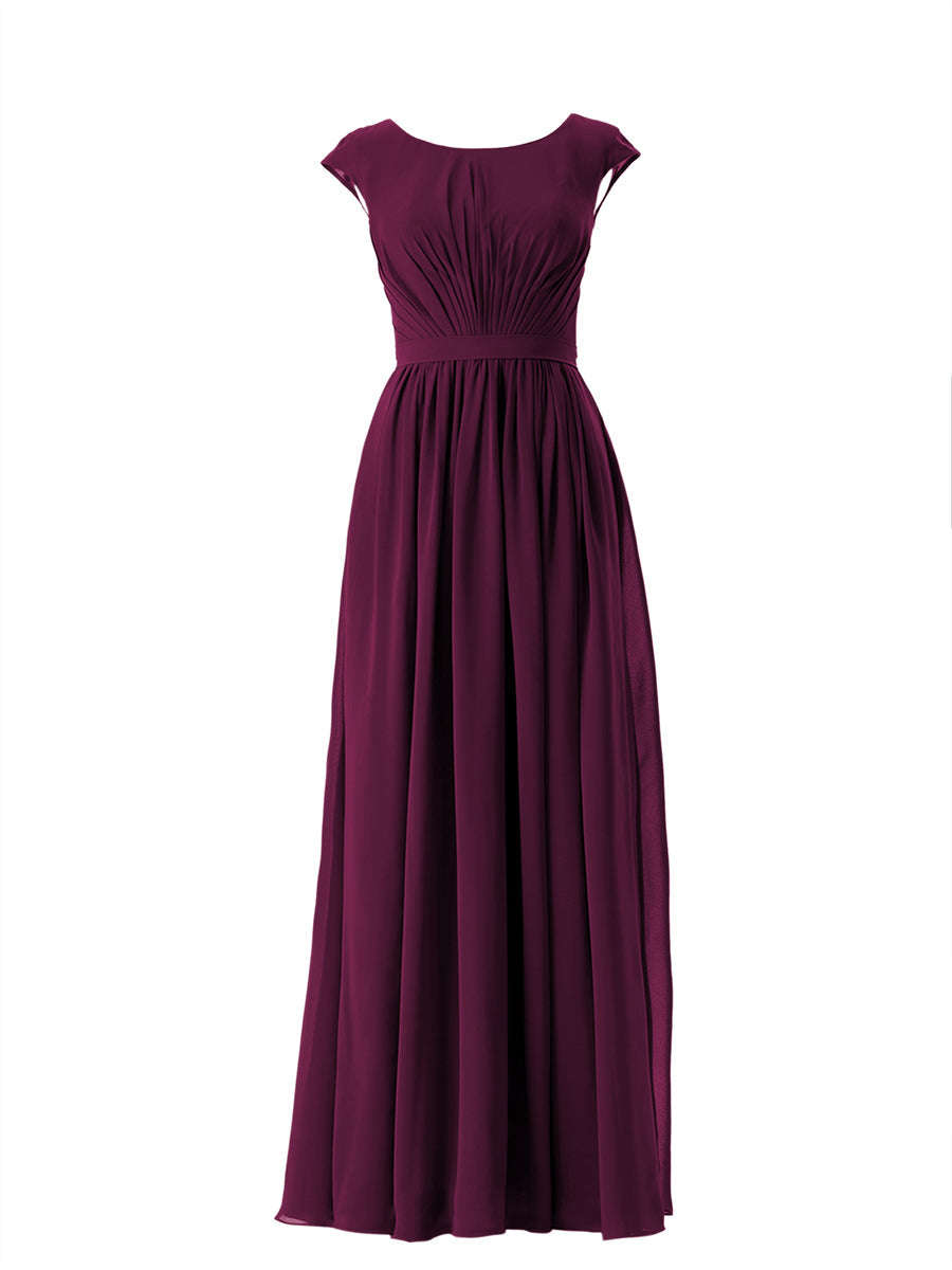 Chiffon Column Scoop Neck Cap Sleeves Bridesmaid Dress-MB13652