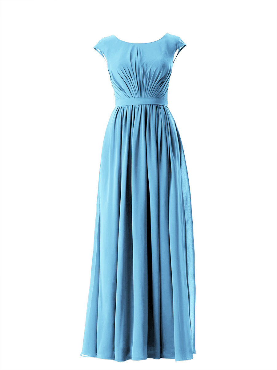 Chiffon Column Scoop Neck Cap Sleeves Bridesmaid Dress-MB13652