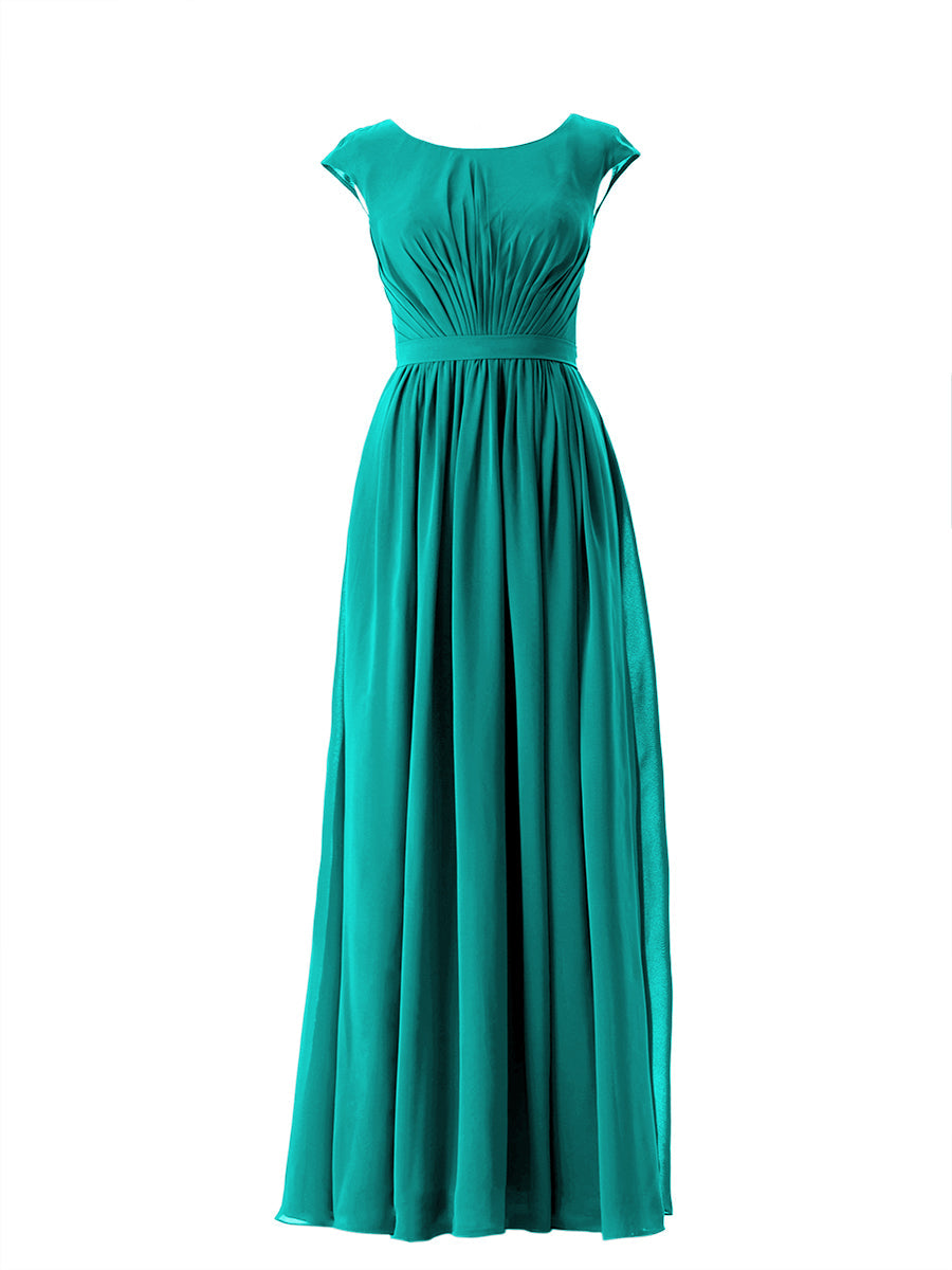 Chiffon Column Scoop Neck Cap Sleeves Bridesmaid Dress-MB13652