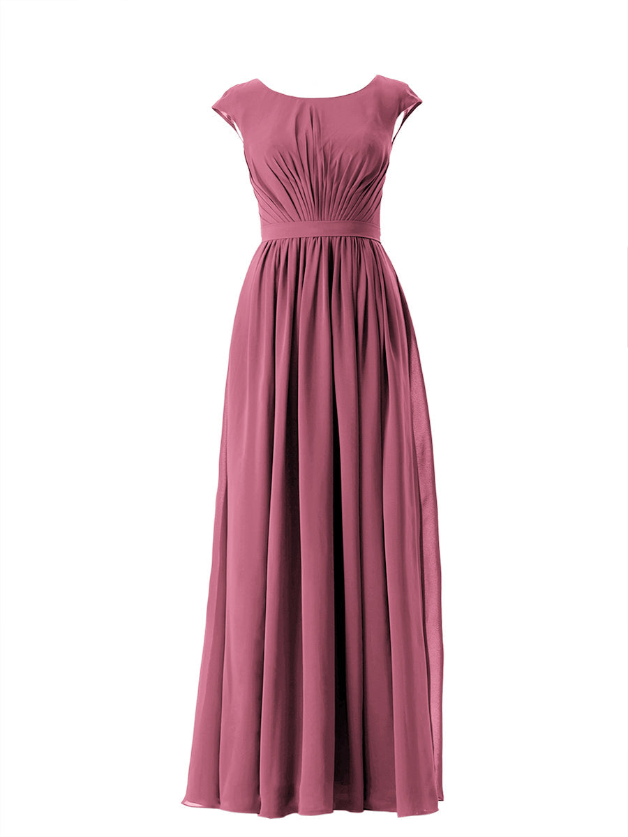 Chiffon Column Scoop Neck Cap Sleeves Bridesmaid Dress-MB13652