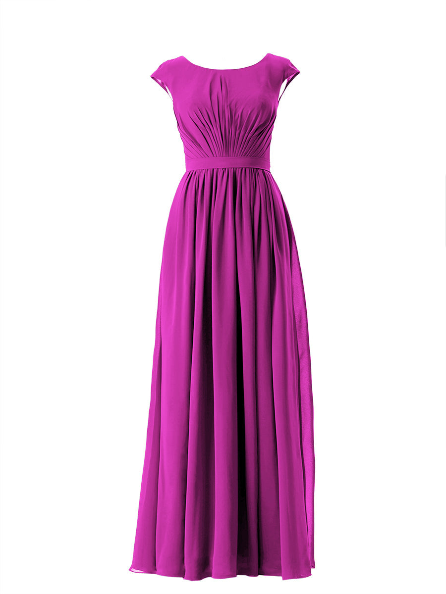 Chiffon Column Scoop Neck Cap Sleeves Bridesmaid Dress-MB13652