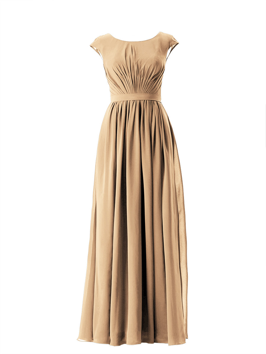 Chiffon Column Scoop Neck Cap Sleeves Bridesmaid Dress-MB13652