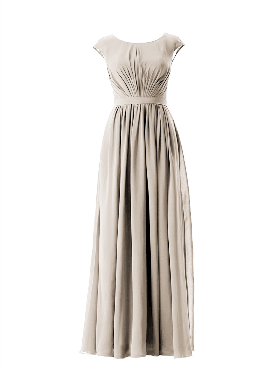 Chiffon Column Scoop Neck Cap Sleeves Bridesmaid Dress-MB13652