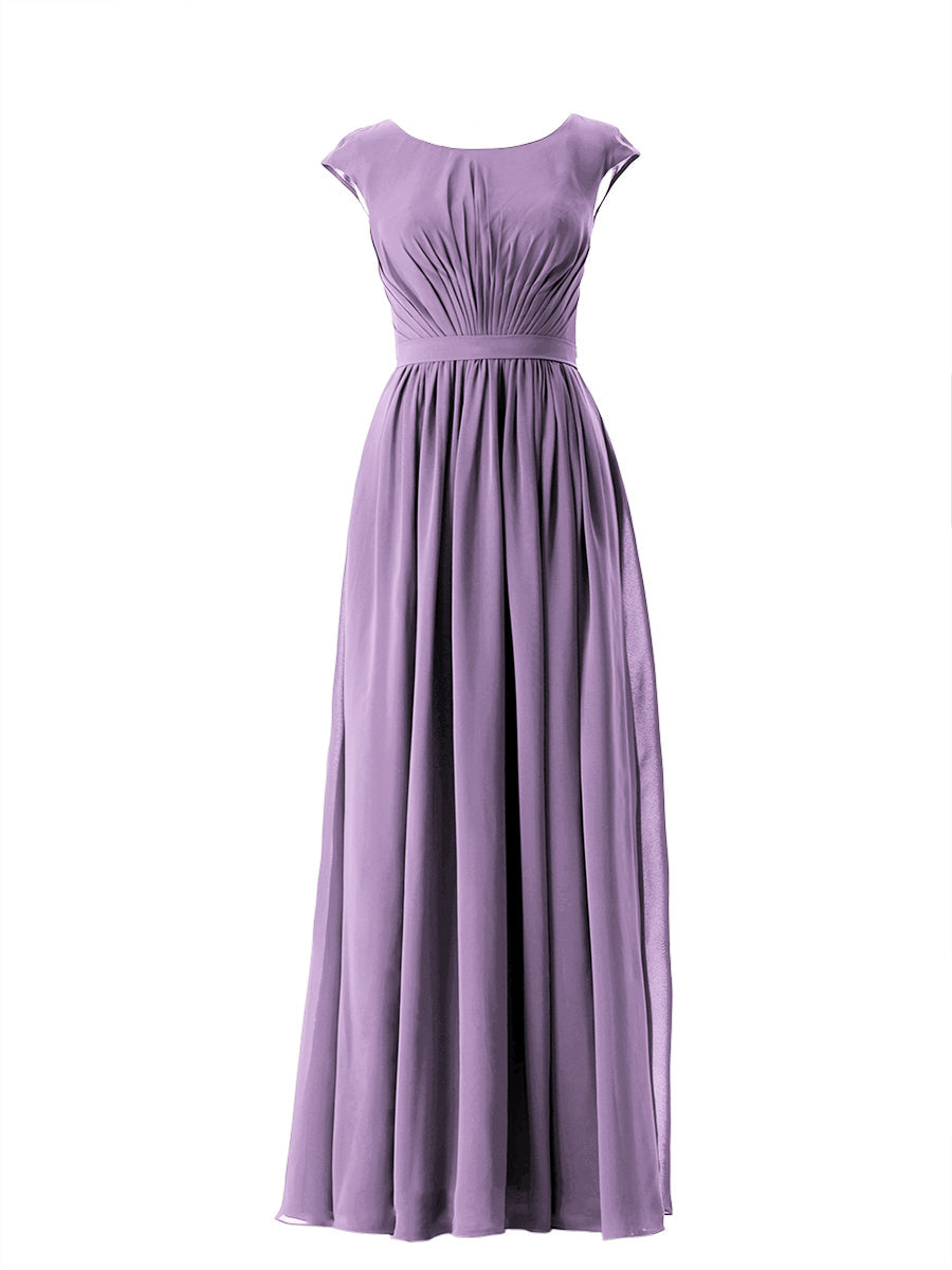 Chiffon Column Scoop Neck Cap Sleeves Bridesmaid Dress-MB13652