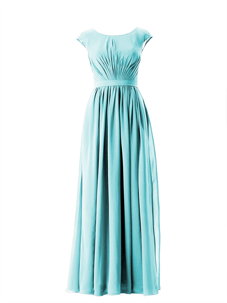 Chiffon Column Scoop Neck Cap Sleeves Bridesmaid Dress-MB13652