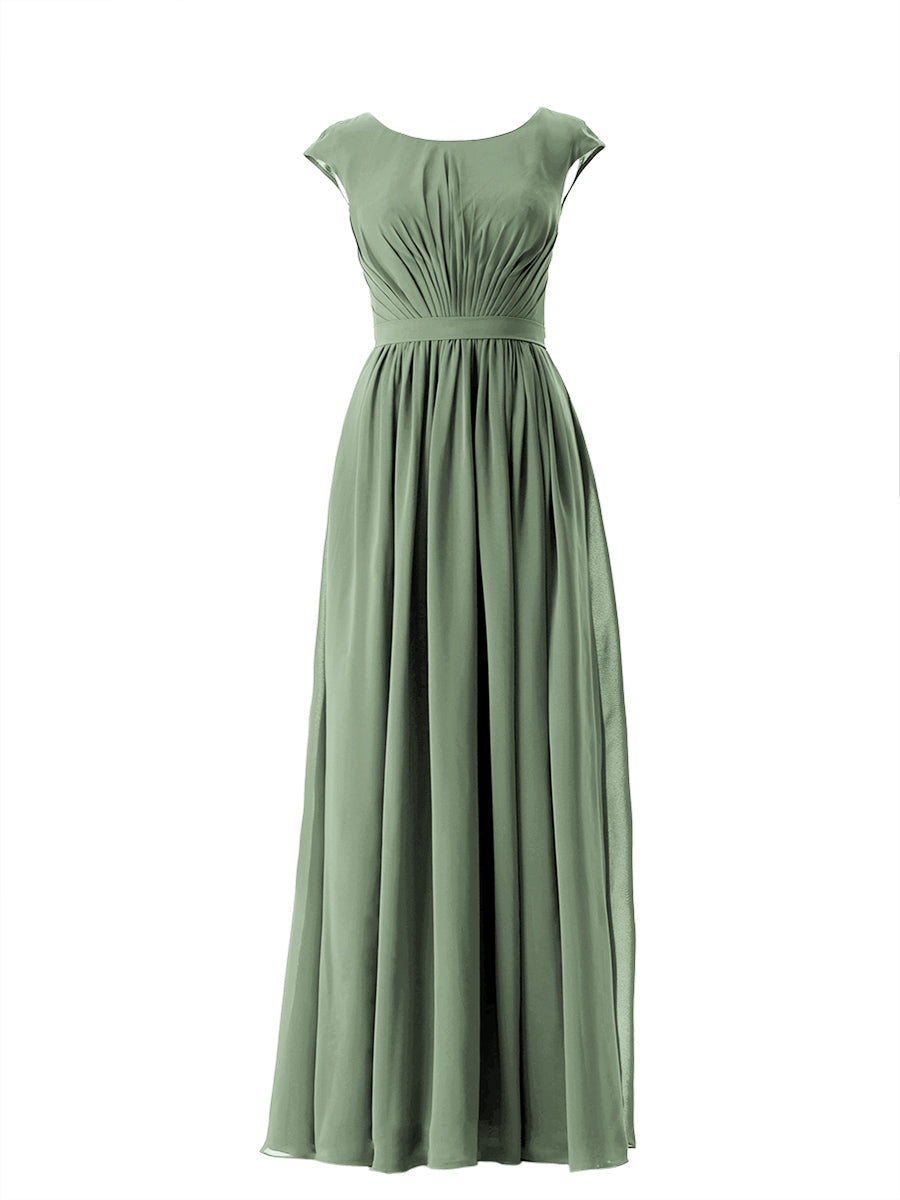 Chiffon Column Scoop Neck Cap Sleeves Bridesmaid Dress-MB13652