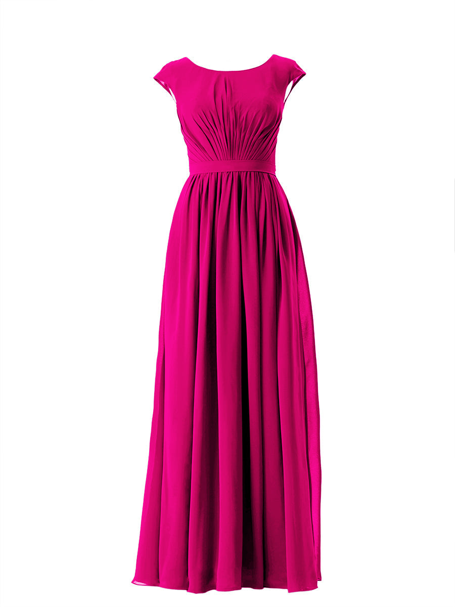 Chiffon Column Scoop Neck Cap Sleeves Bridesmaid Dress-MB13652