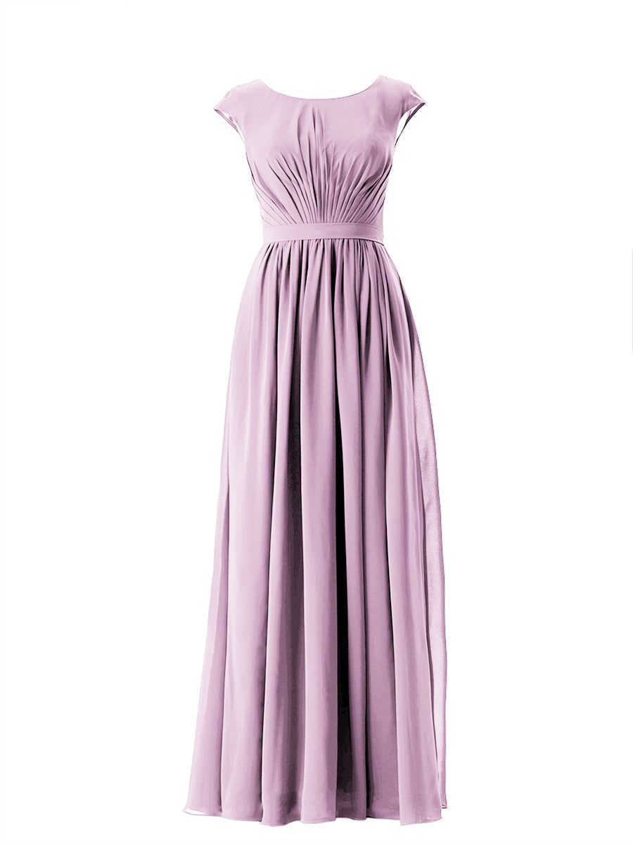 Chiffon Column Scoop Neck Cap Sleeves Bridesmaid Dress-MB13652