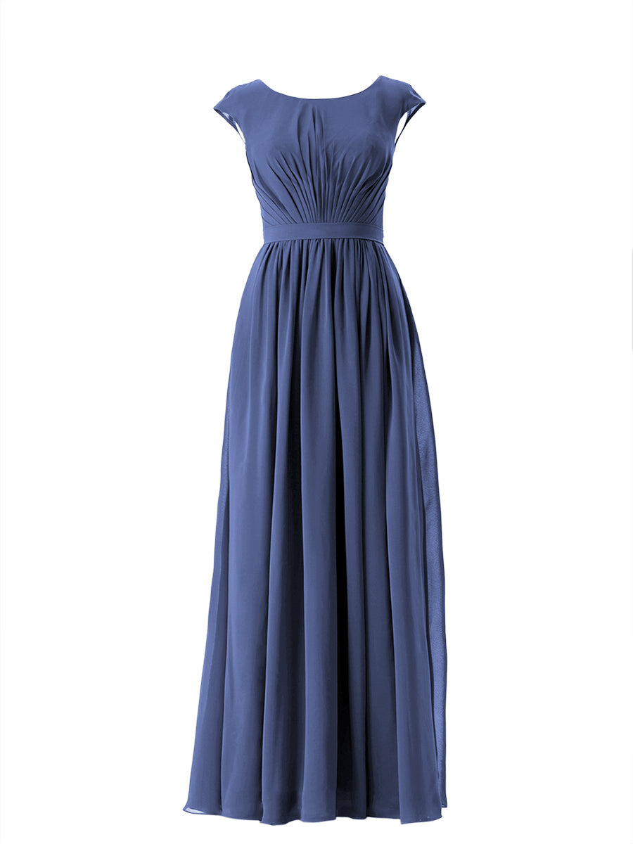 Chiffon Column Scoop Neck Cap Sleeves Bridesmaid Dress-MB13652