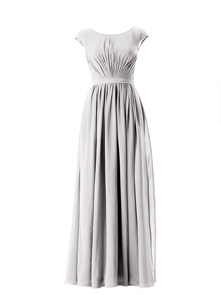 Chiffon Column Scoop Neck Cap Sleeves Bridesmaid Dress-MB13652