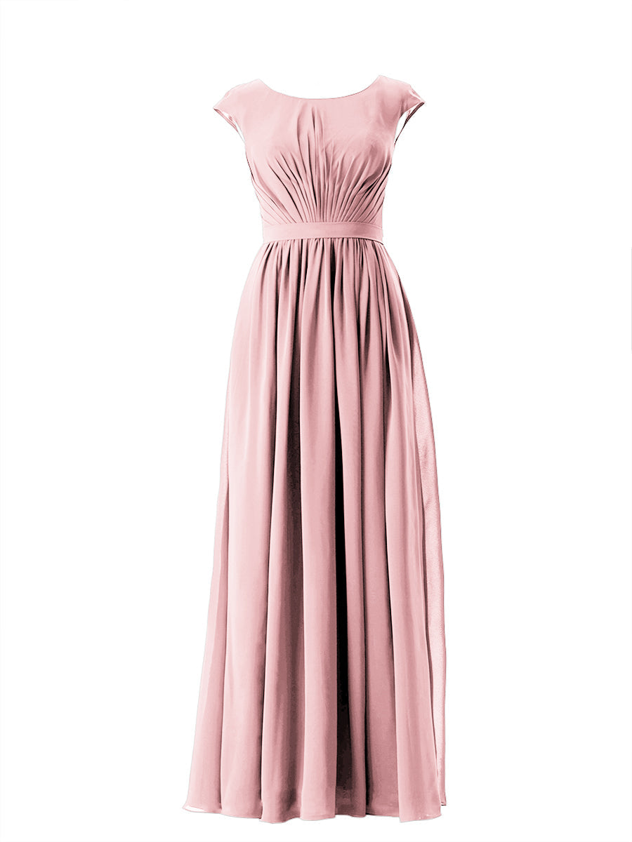 Chiffon Column Scoop Neck Cap Sleeves Bridesmaid Dress-MB13652